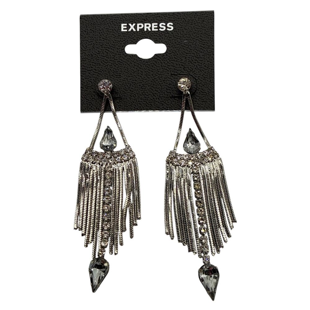 NWT Express Silver Rhinestone Fringe Statement Earrings Dangle Drop Sparkly